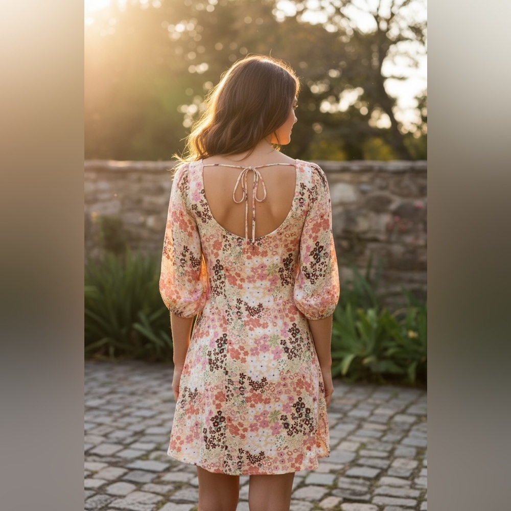 Free People Floral Mini Dress in Pink, coral and White on a Yellow Background - Picture 4 of 8